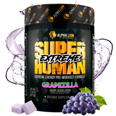 ALPHA LION envase frontal Superhuman Extreme mostrando sabor uva y beneficios