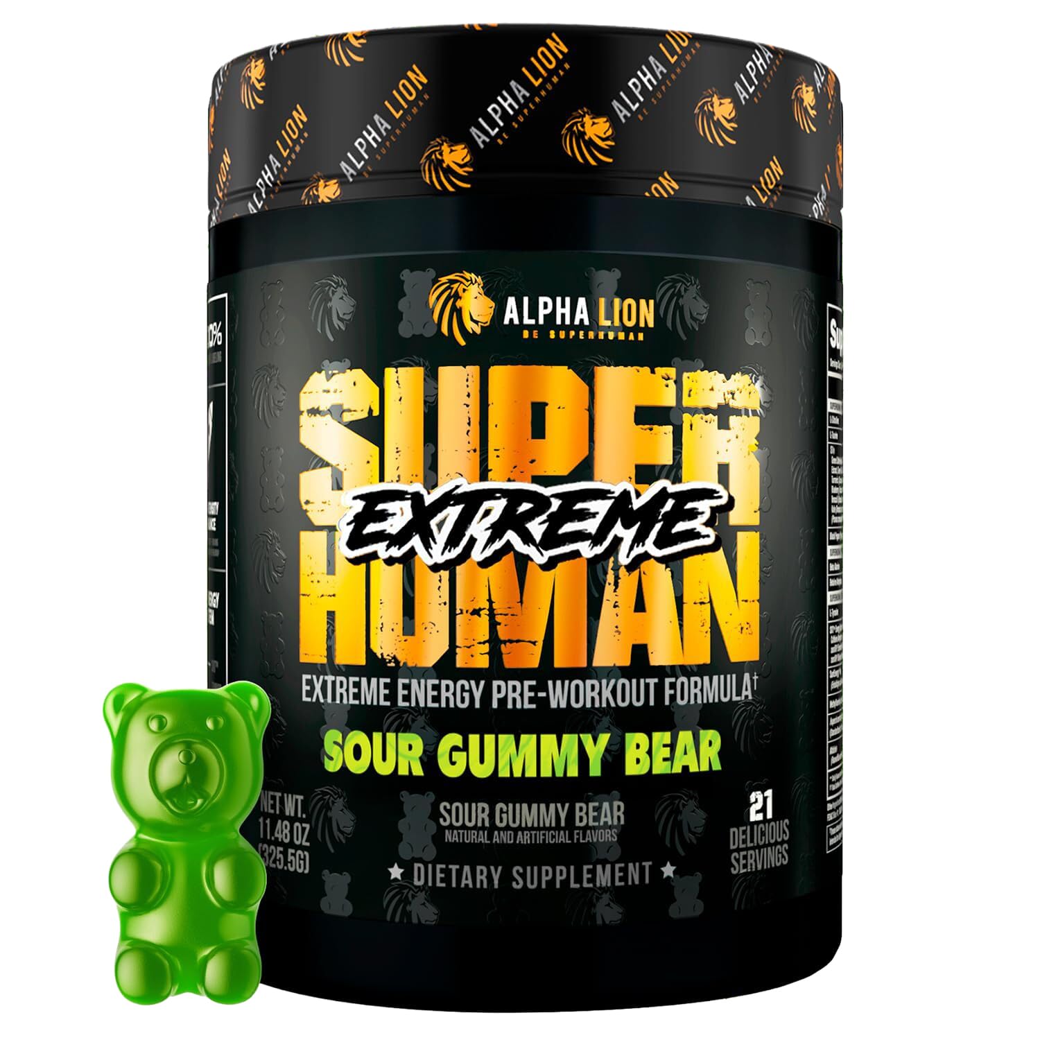 Alpha Lion envase frontal Superhuman Extreme mostrando 21 servicios y sabor