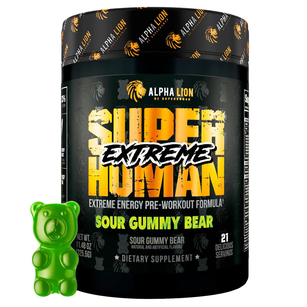 Alpha Lion envase frontal Superhuman Extreme mostrando 21 servicios y sabor