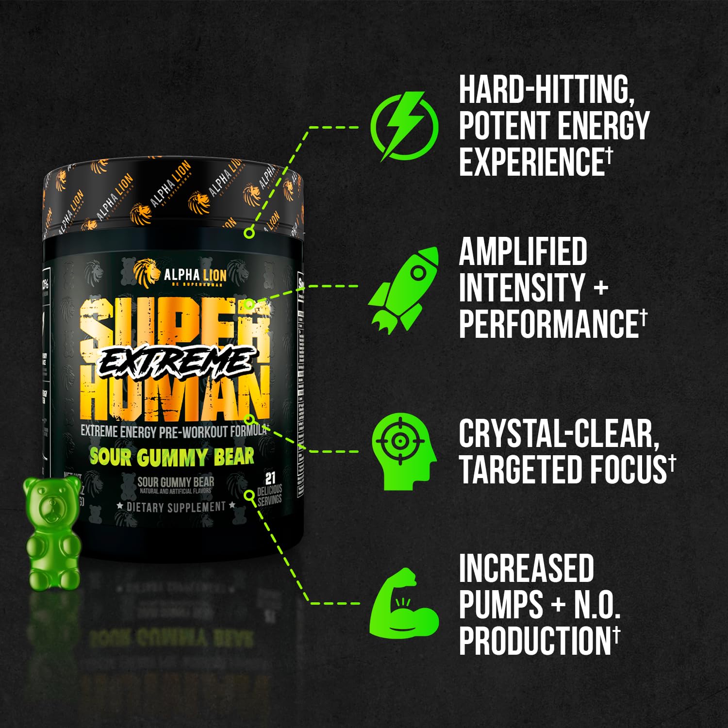 Alpha Lion envase Sour Gummy Bear resaltando sabor agradable pre-entreno