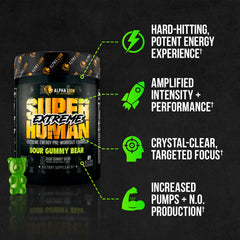 Alpha Lion envase Sour Gummy Bear resaltando sabor agradable pre-entreno