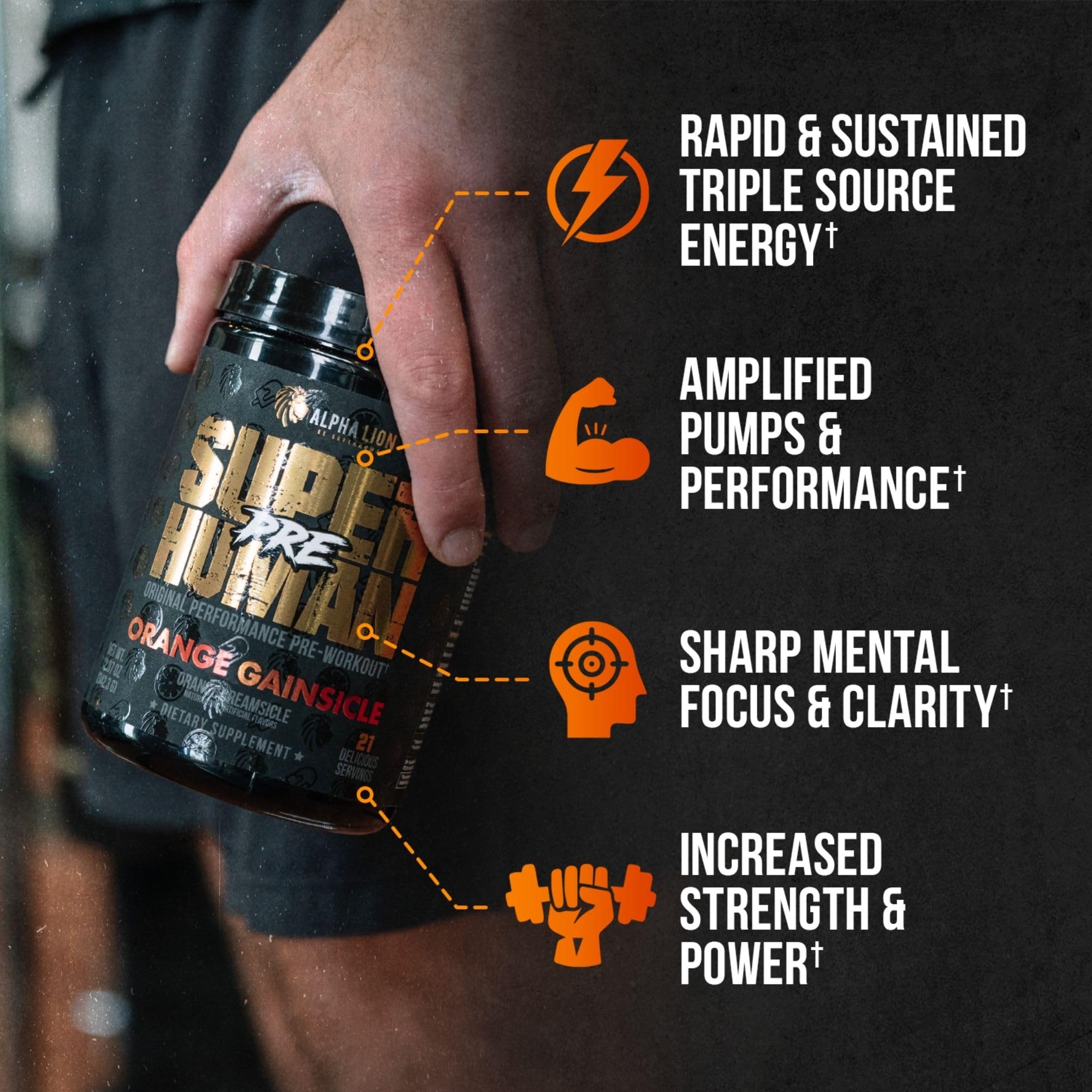 ALPHA LION detalle del polvo y naranja Gainsicle que sugiere sabor cítrico-cremoso