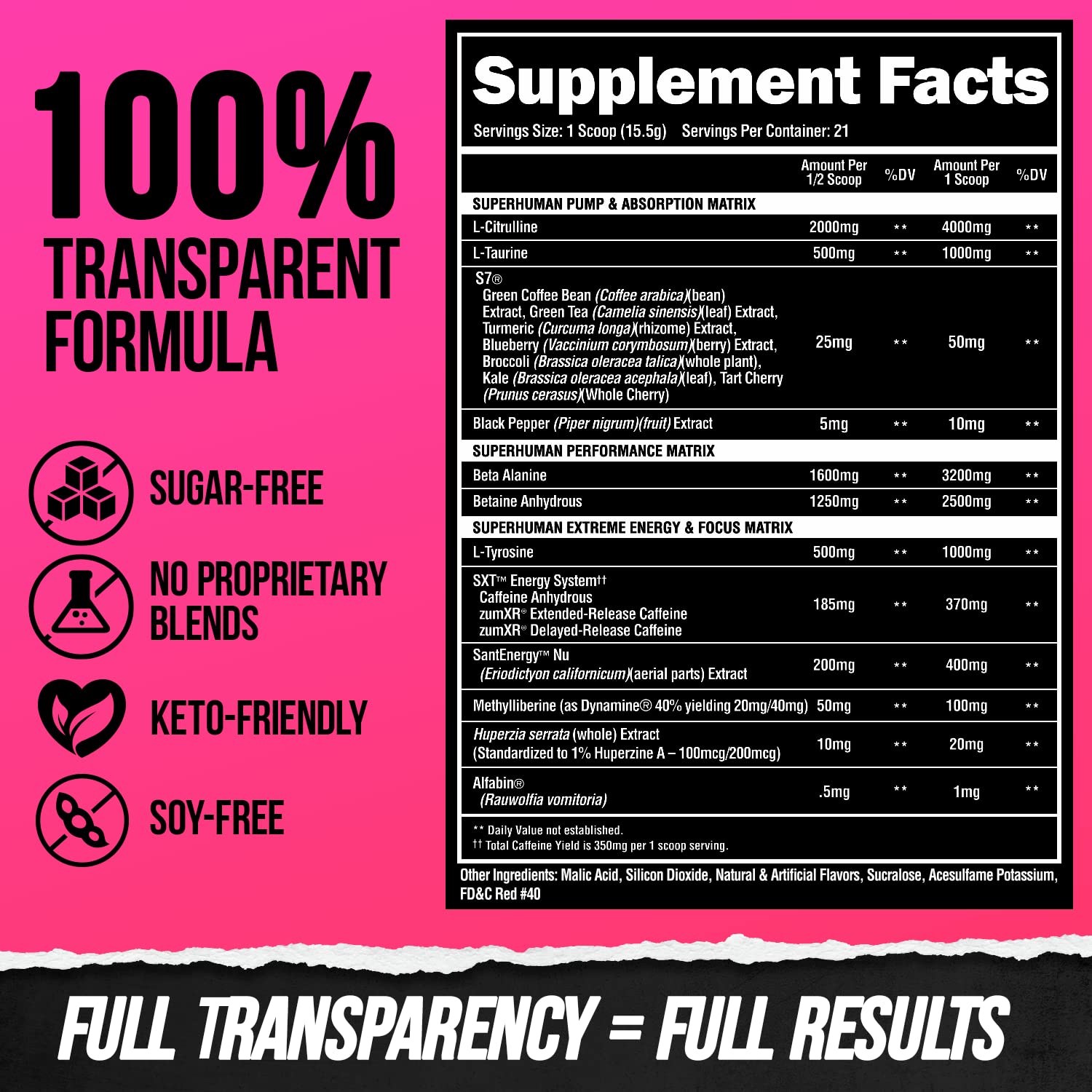 ALPHA LION etiqueta ampliada resaltando ingredientes transparentes y dosificación