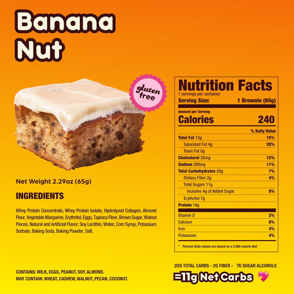 Etiqueta nutricional del brownie Alpha Prime con información de proteína y colágeno visible