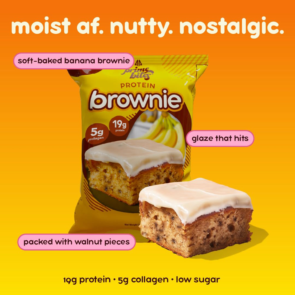 Brownie Alpha Prime abierto sobre plato mostrando miga y sabor banana nut listo para comer