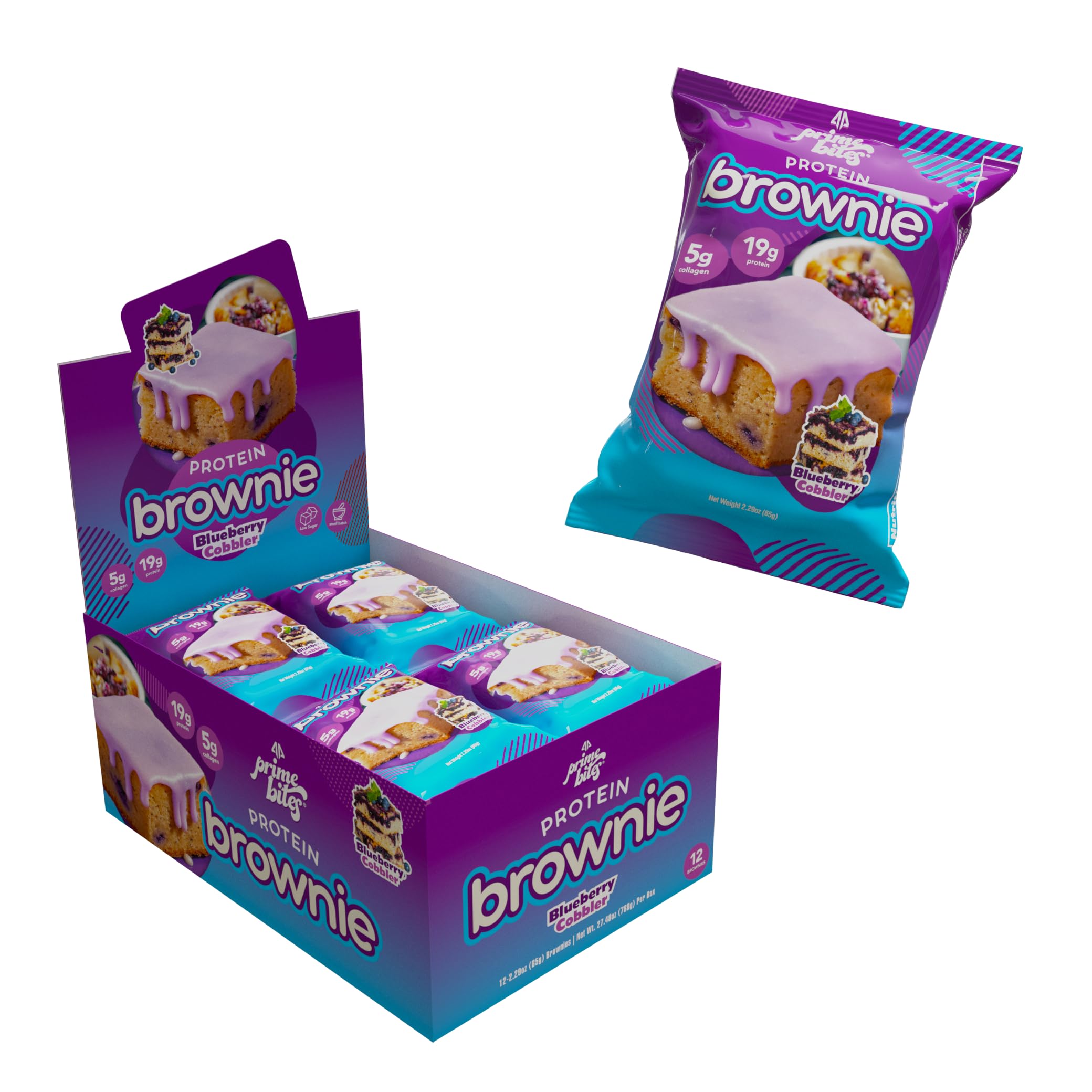 Alpha Prime empaque frontal Blueberry Cobbler mostrando cantidad y aporte proteico