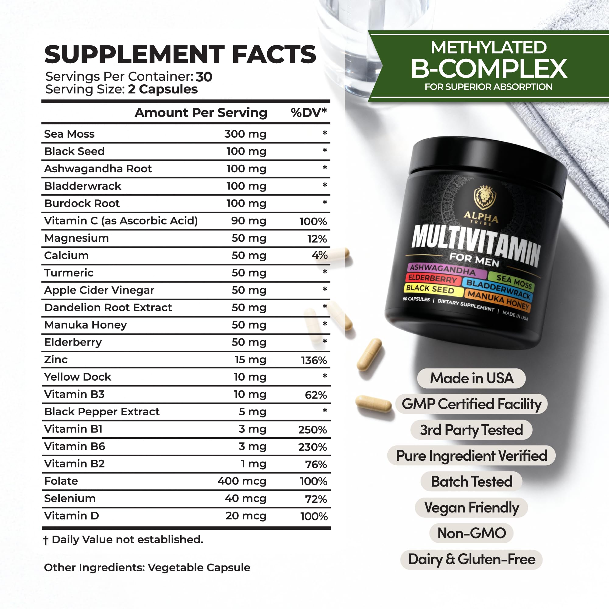 Alpha Tribe etiqueta con lista de ingredientes destacando transparencia y calidad