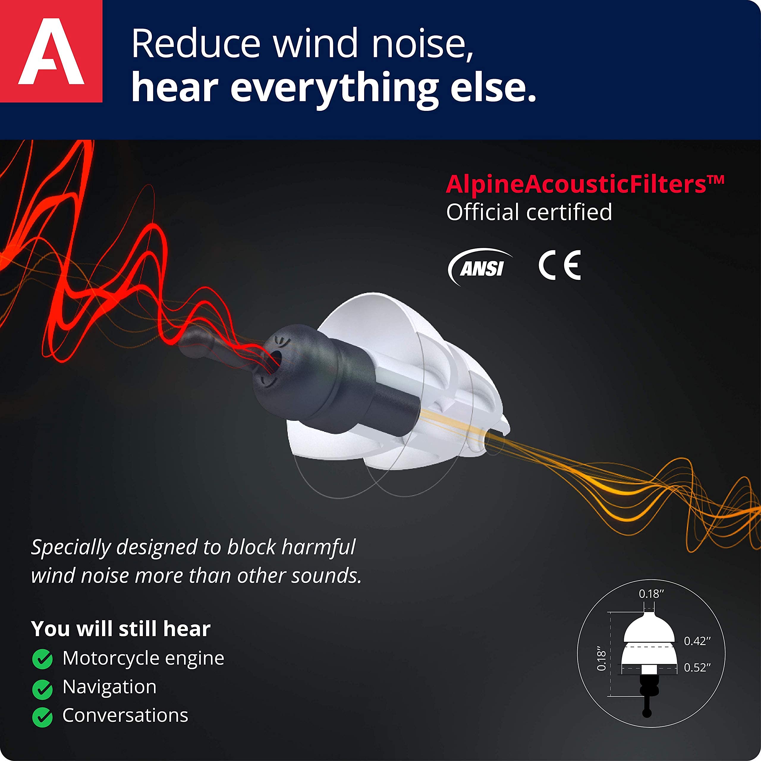 Alpine MotoSafe primer plano del filtro acústico mostrando diseño funcional