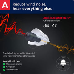 Alpine MotoSafe primer plano del filtro acústico mostrando diseño funcional