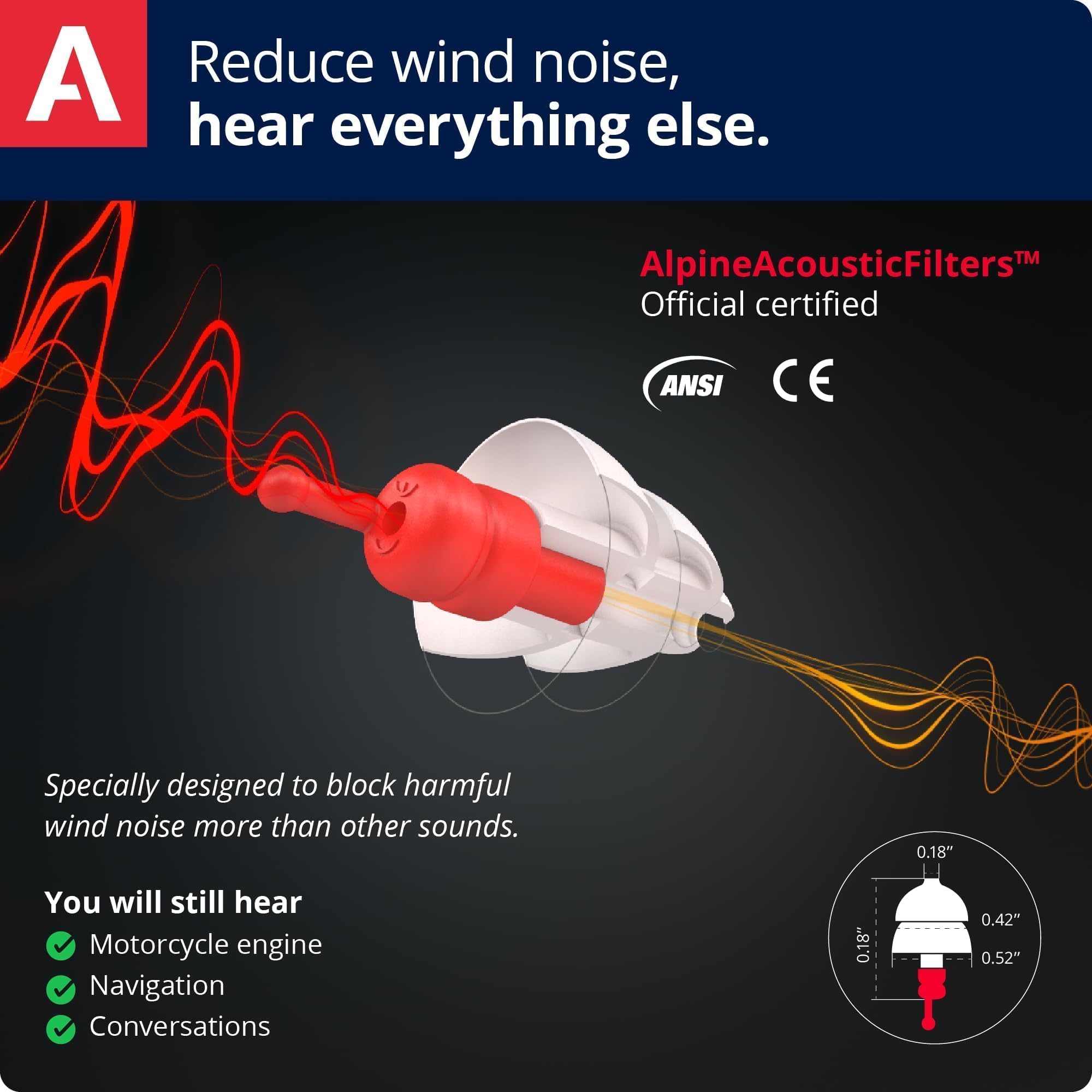 Alpine MotoSafe Race primer plano del filtro acústico y su beneficio de claridad