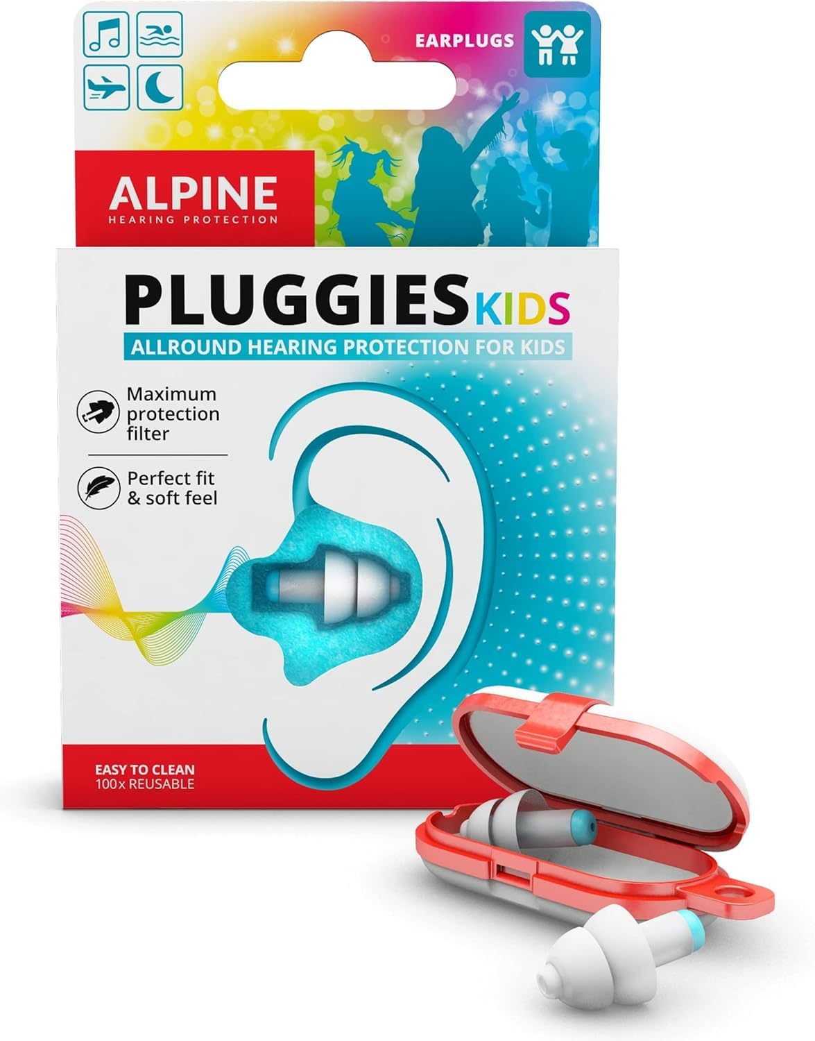 Alpine Pluggies Kids empaque frontal mostrando diseño y beneficios