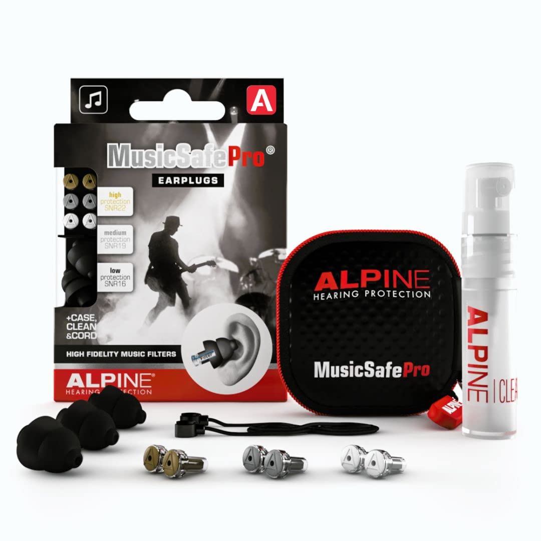 Alpine empaque frontal mostrando tapones y tres filtros, protección clara