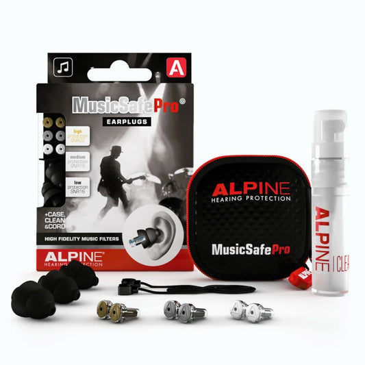 Alpine empaque frontal mostrando tapones y tres filtros, protección clara