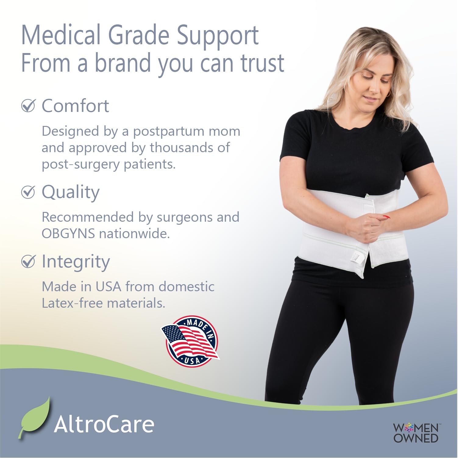 AltroCare faja abierta mostrando diseño de 3 paneles para mejor conformidad