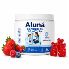 Aluna gomitas frasco frontal, presentación clara y fácil almacenamiento