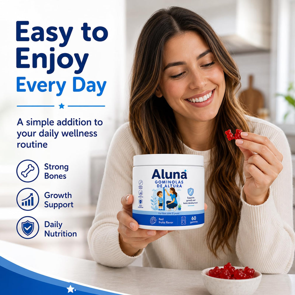 Aluna gomitas gomita en mano, formato masticable para niños cómodo