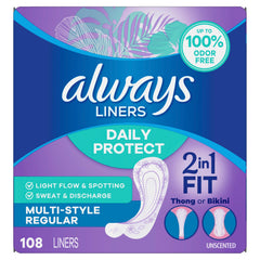 Caja abierta con varios protectores Always, cantidad y disponibilidad para uso diario