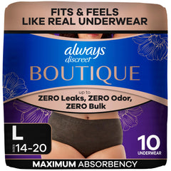 Always Discreet empaquetado frontal elegante mostrando protección discreta