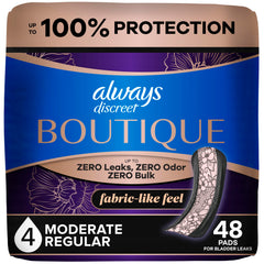 Always Discreet embalaje frontal mostrando 48 unidades y beneficio discreción