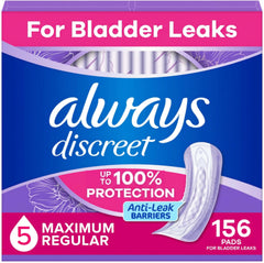 Always Discreet empaque frontal que muestra la cantidad y formato, protección visible