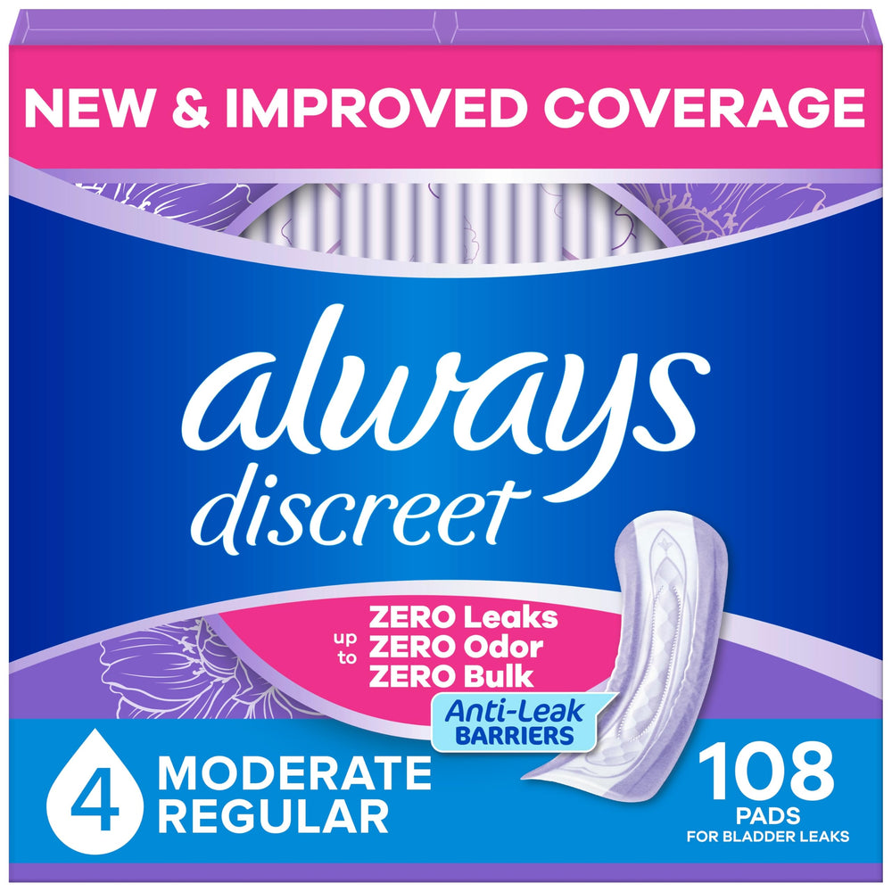 Always Discreet empaque frontal mostrando 108 unidades y protección confiable