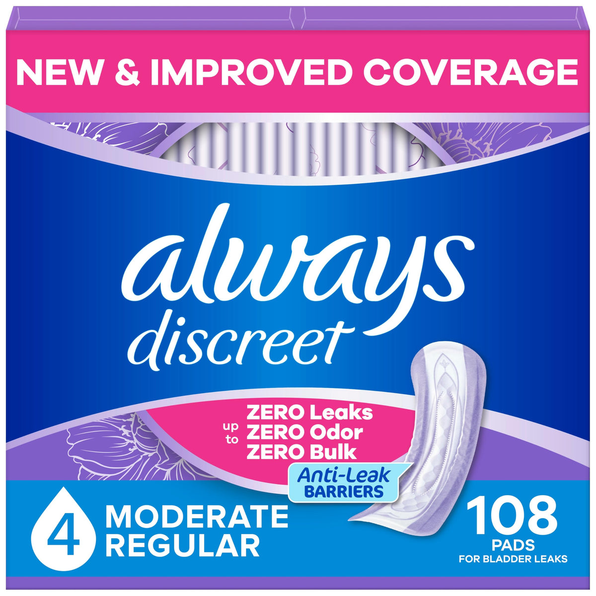 Always Discreet empaque frontal mostrando 108 unidades y protección confiable