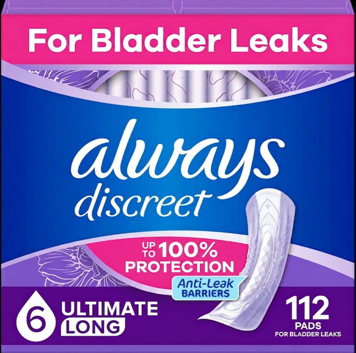 Always Discreet empaque frontal que muestra unidad y beneficio práctico