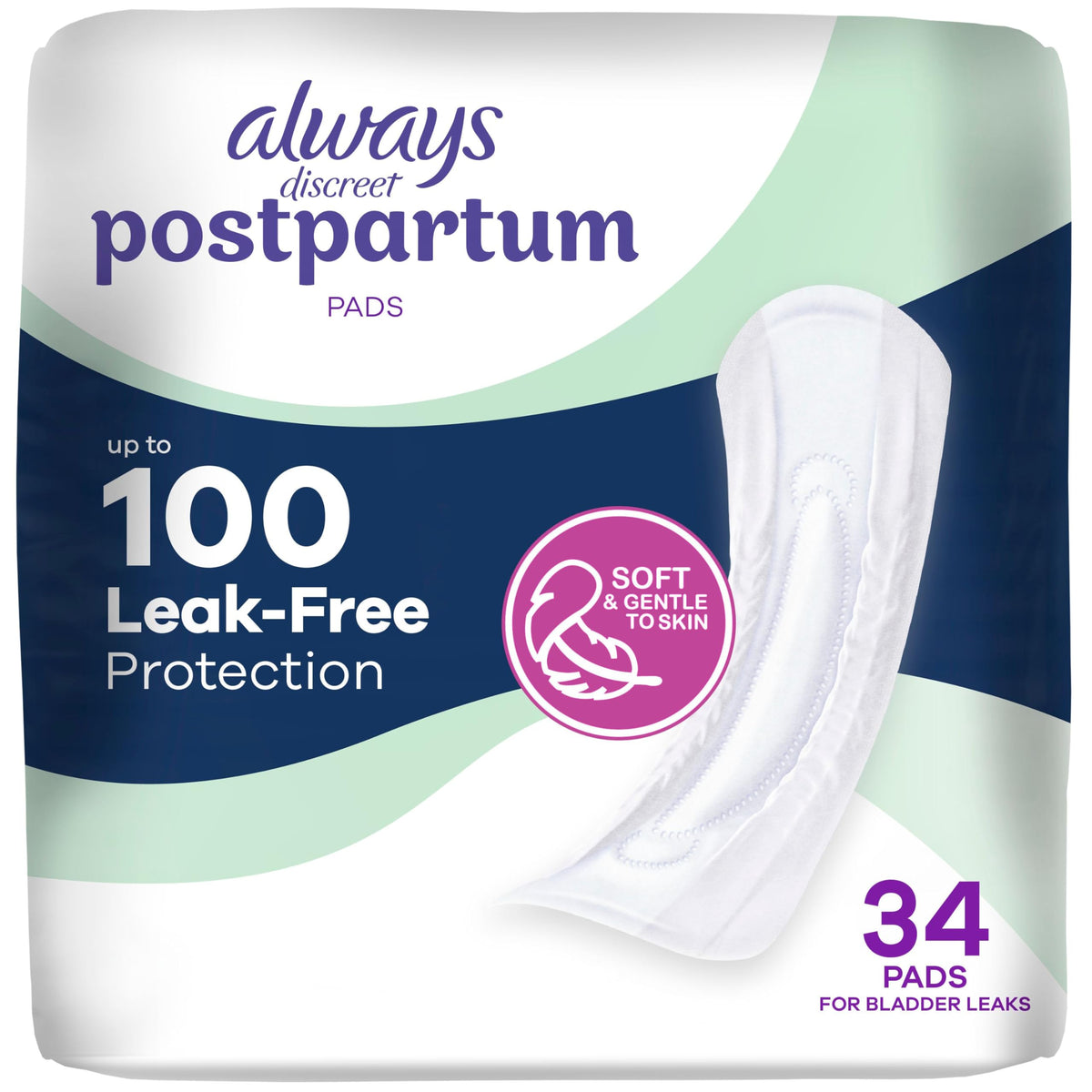 Always Discreet empaque frontal mostrando número de 34 unidades y beneficio de absorción