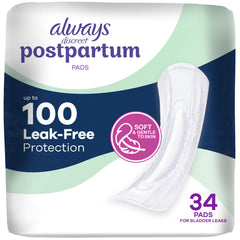Always Discreet empaque frontal mostrando número de 34 unidades y beneficio de absorción