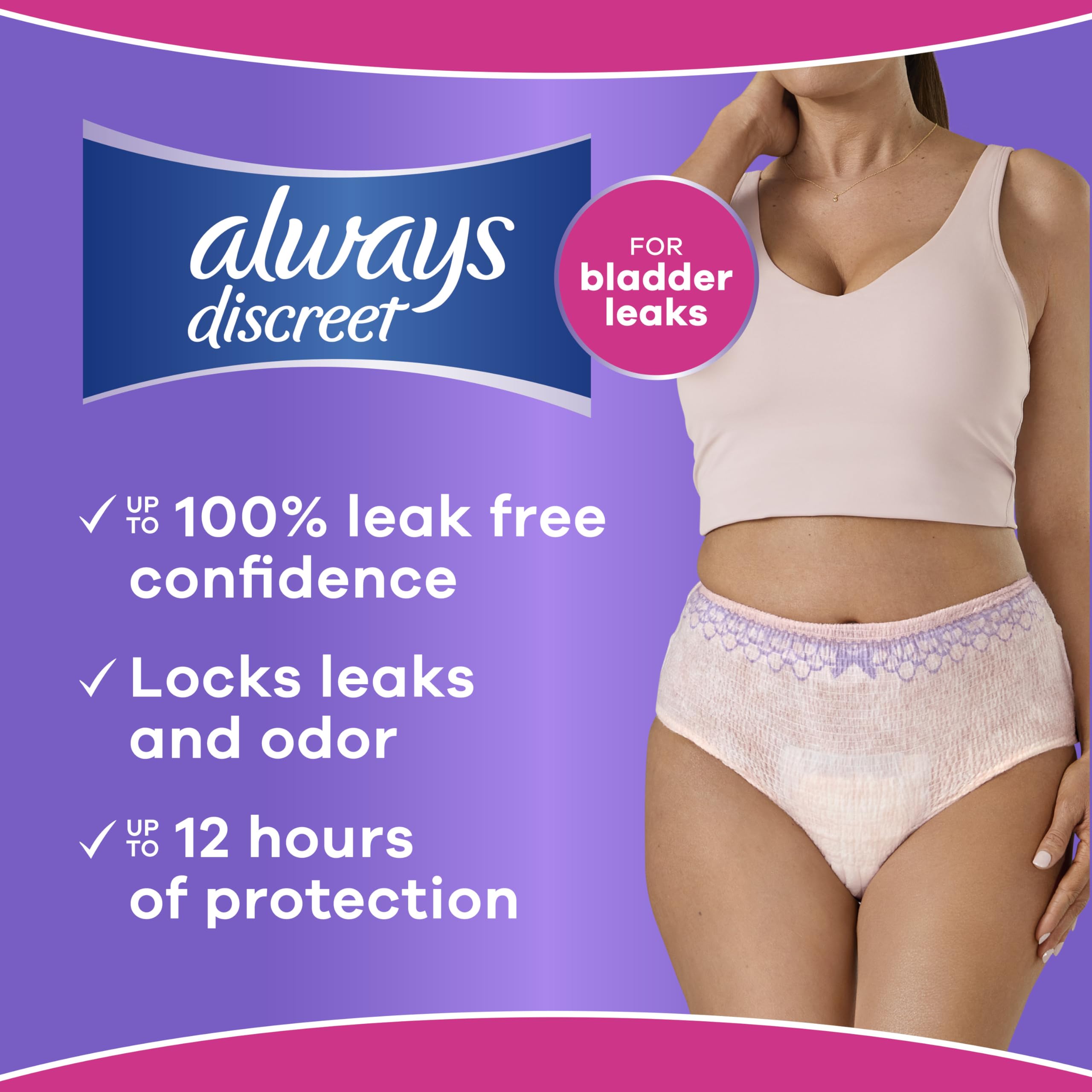 Always Discreet mujer usando prenda con ropa casual, confianza activa