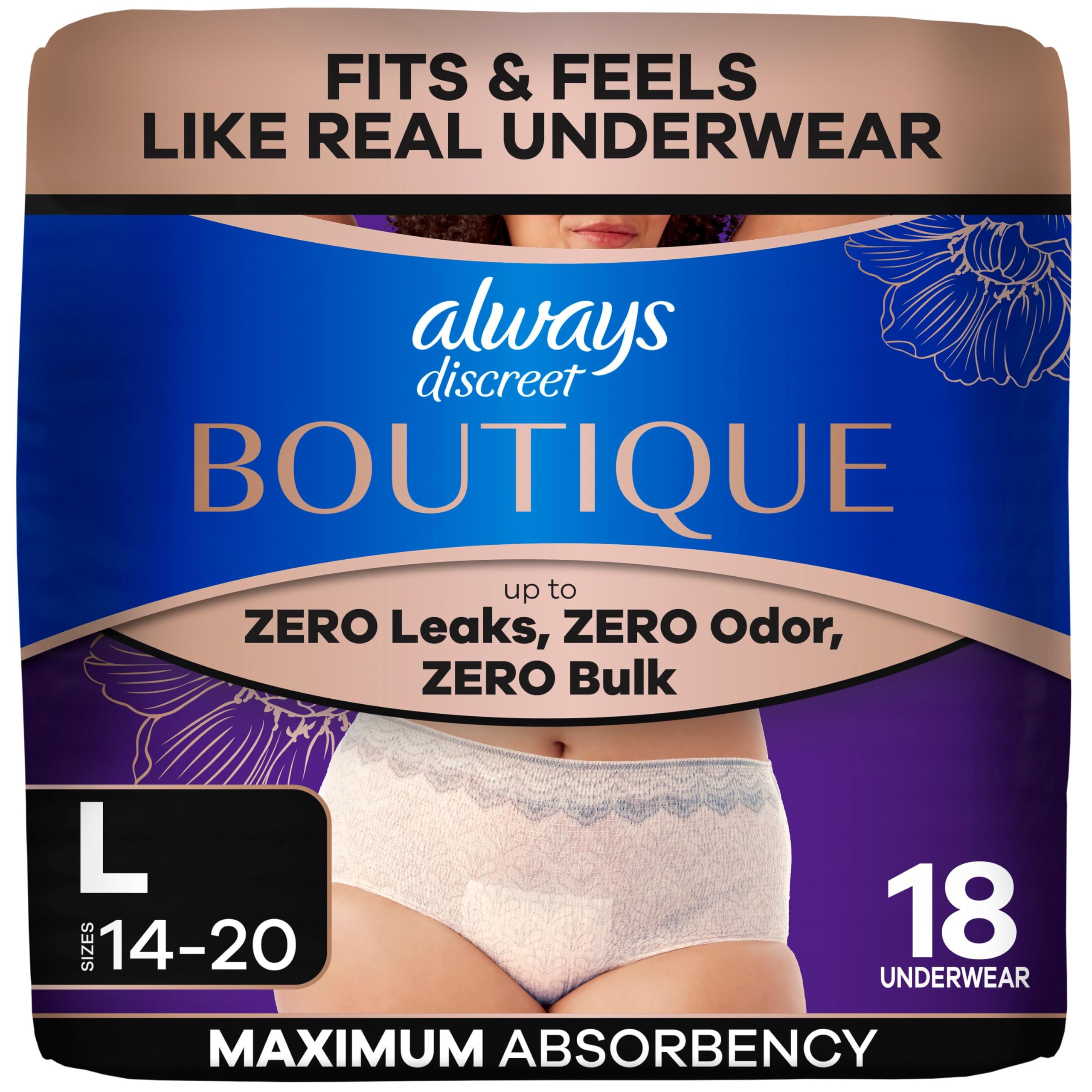 Always Discreet empaque frontal Rosy mostrando protección y diseño