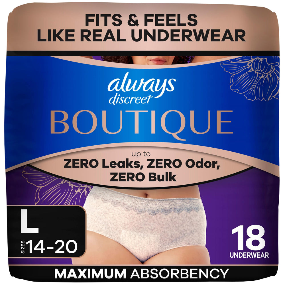 Always Discreet empaque frontal Rosy mostrando protección y diseño
