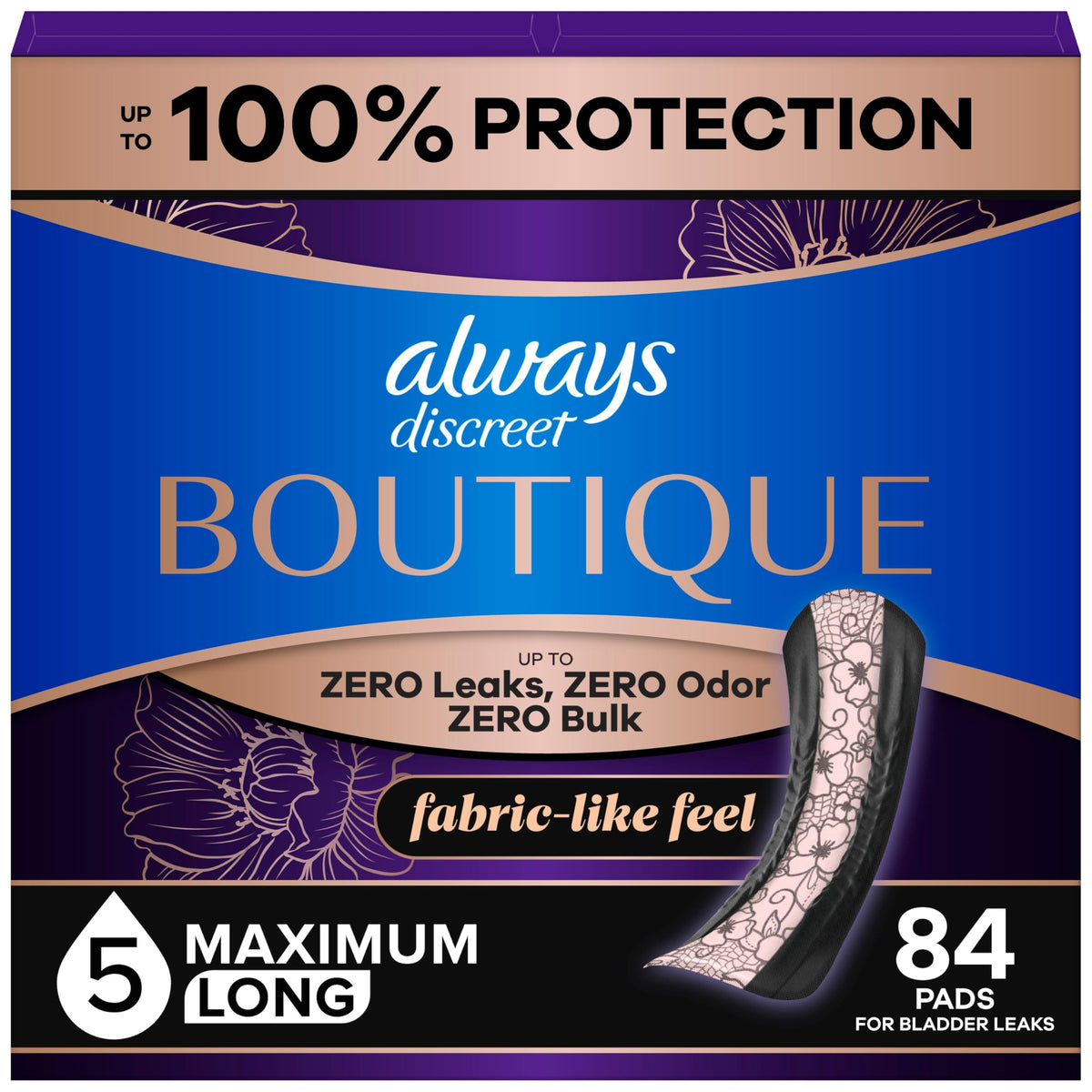 Always Discreet frente del empaque que muestra cantidad y beneficio de confianza