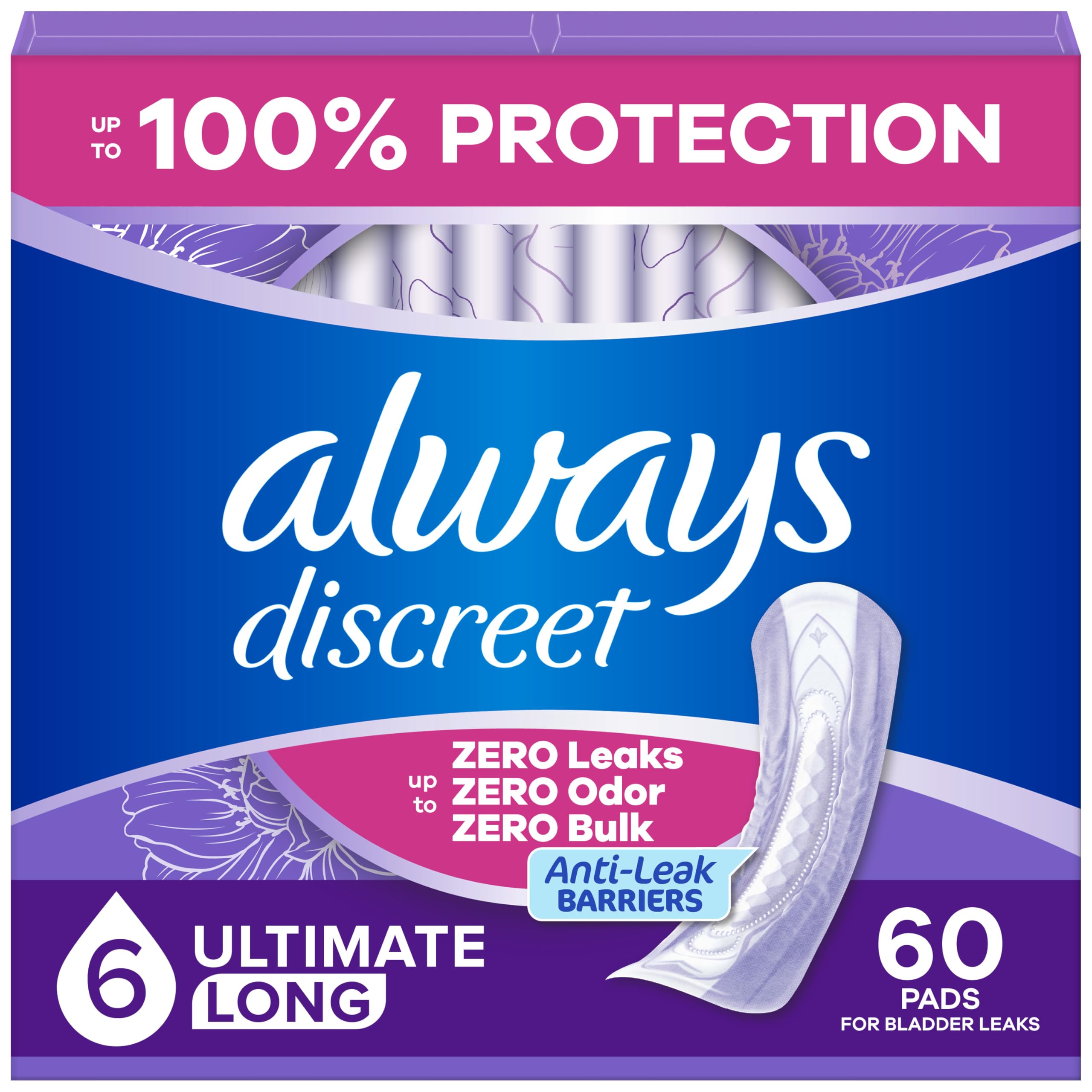 Always Discreet frontal del empaque mostrando cantidad y beneficios