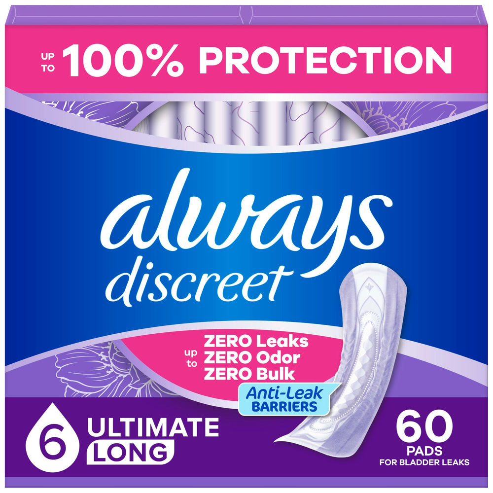 Always Discreet frontal del empaque mostrando cantidad y beneficios