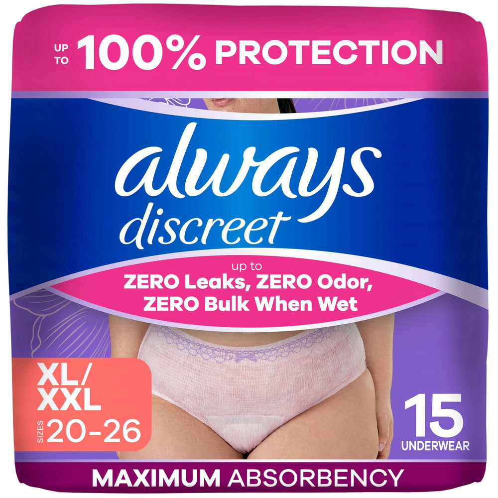 Always Discreet empaque frontal mostrando protección y conteo