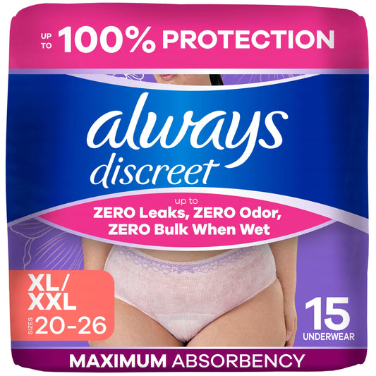 Always Discreet empaque frontal mostrando protección y conteo