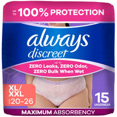 Always Discreet empaque frontal mostrando protección y conteo