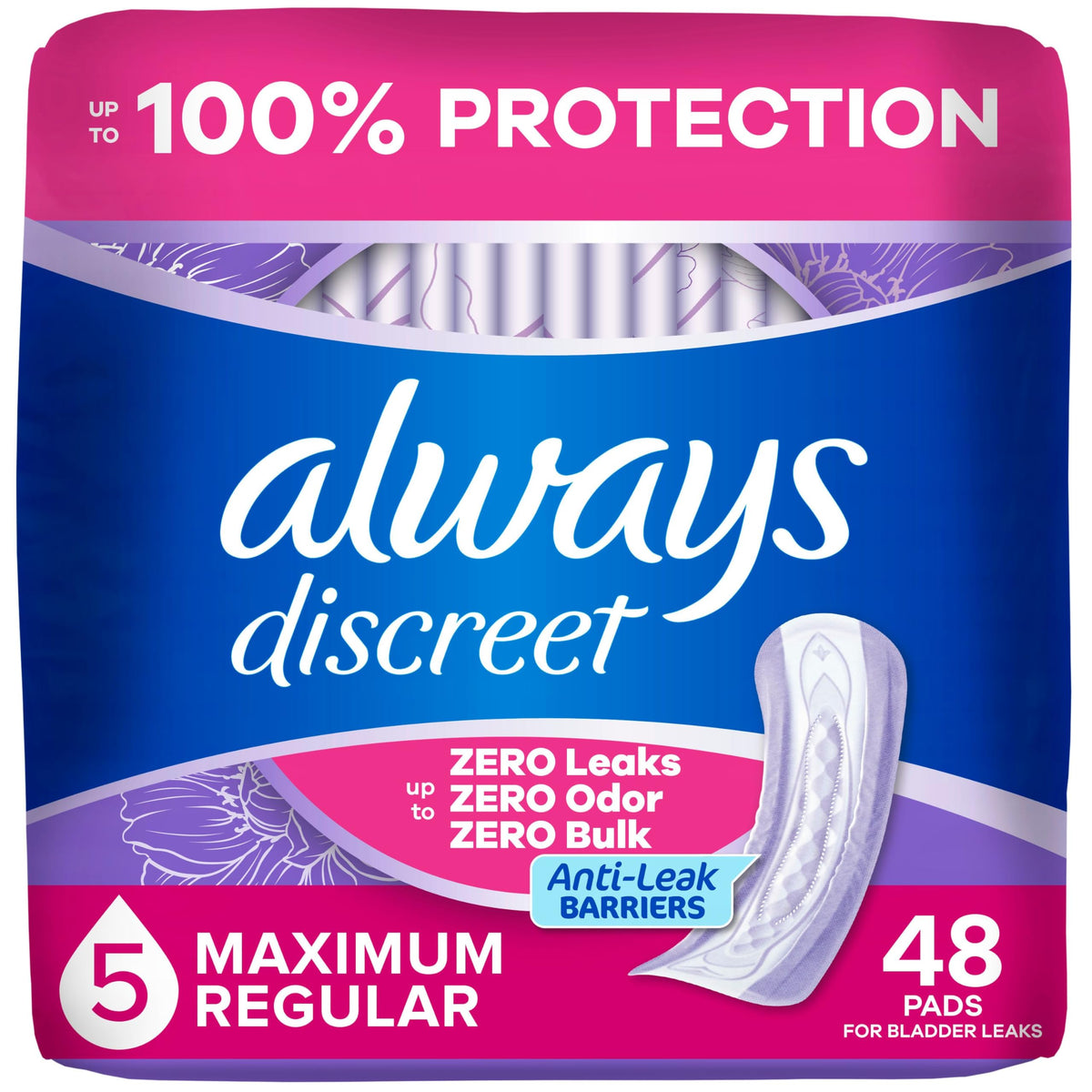 Always Discreet empaque frontal mostrando protección máxima y discreción