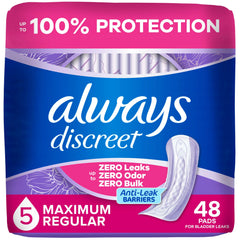 Always Discreet empaque frontal mostrando protección máxima y discreción