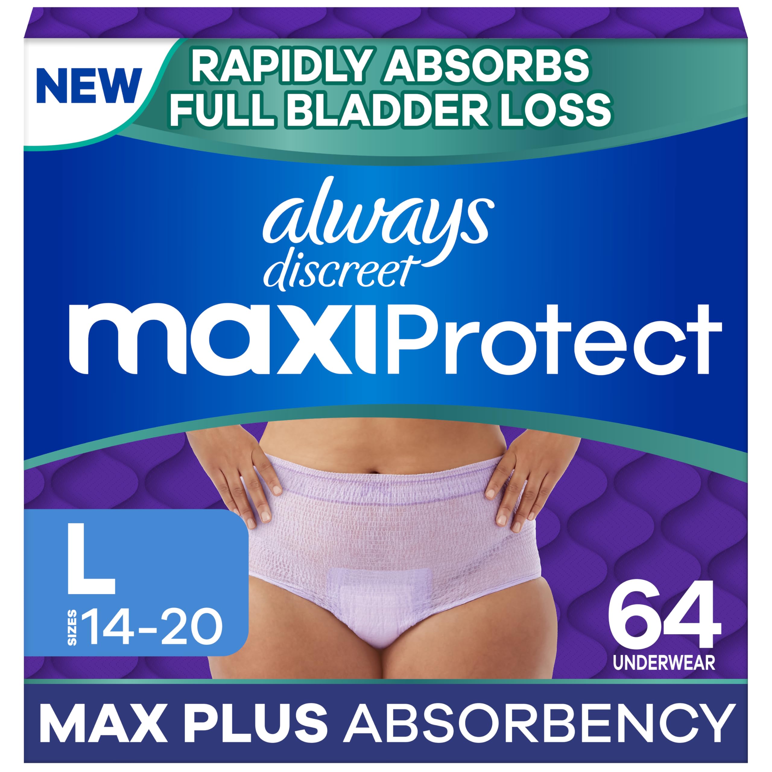 Always Discreet frente del empaque mostrando cantidad y talla, seguridad inmediata