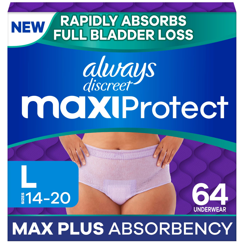 Always Discreet frente del empaque mostrando cantidad y talla, seguridad inmediata