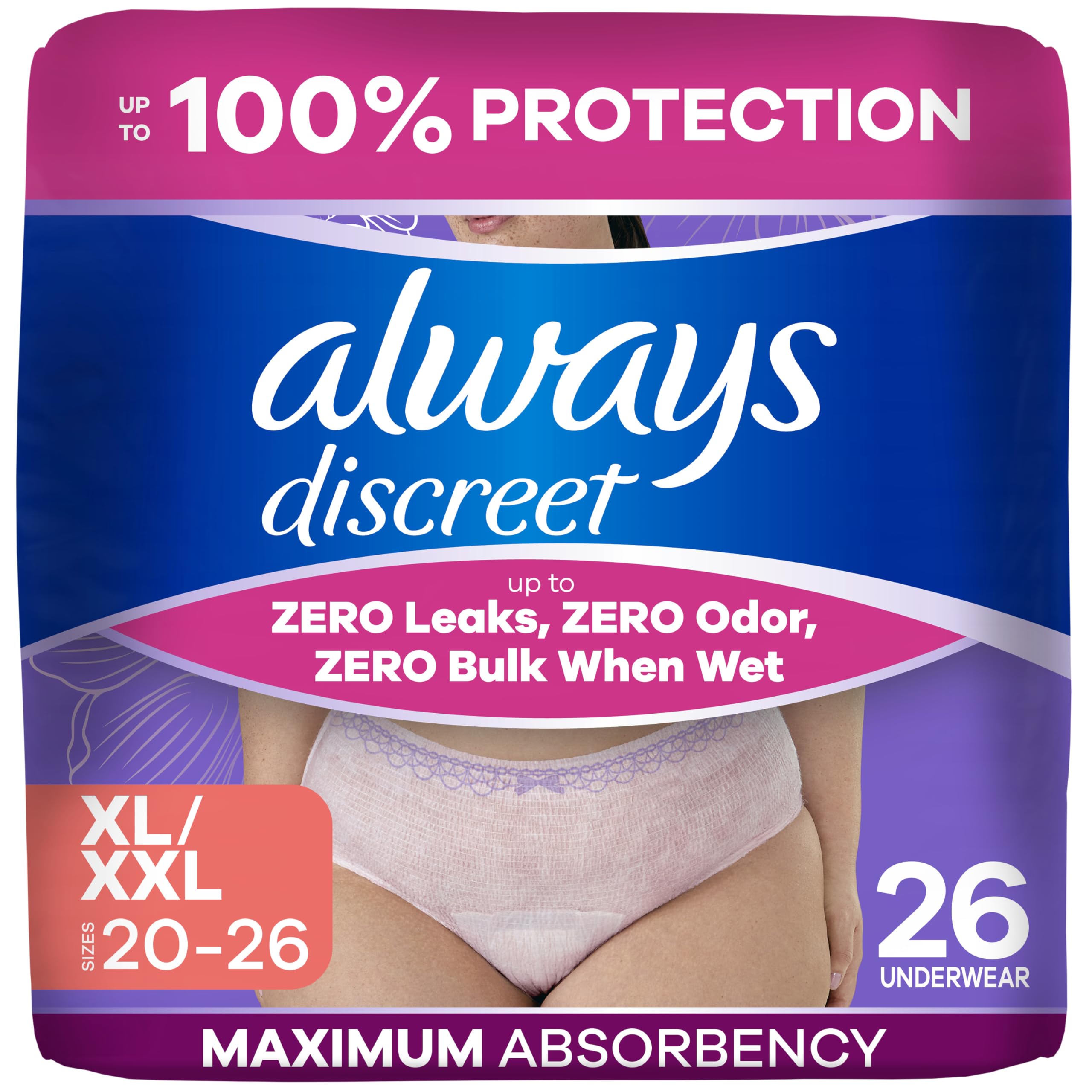 Always Discreet empaque frontal mostrando 26 unidades y beneficio discreción