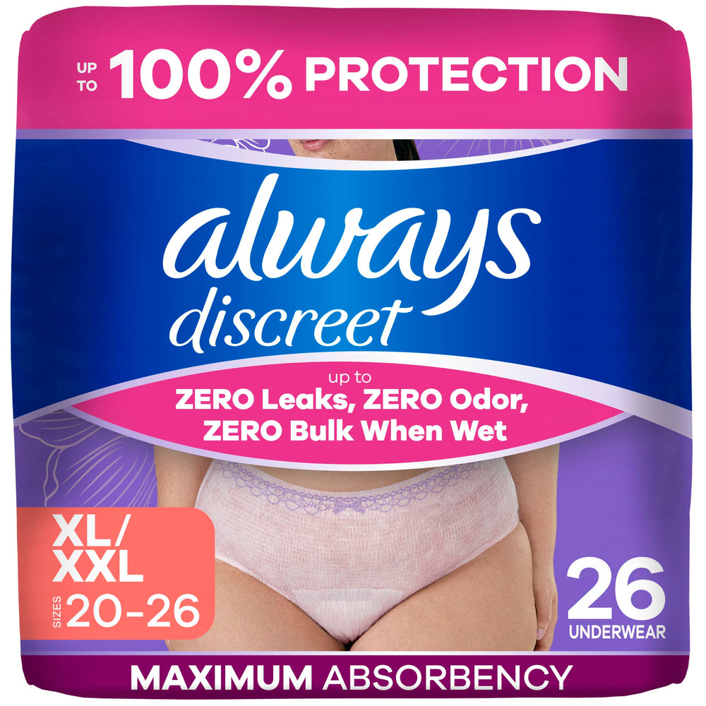 Always Discreet empaque frontal mostrando 26 unidades y beneficio discreción