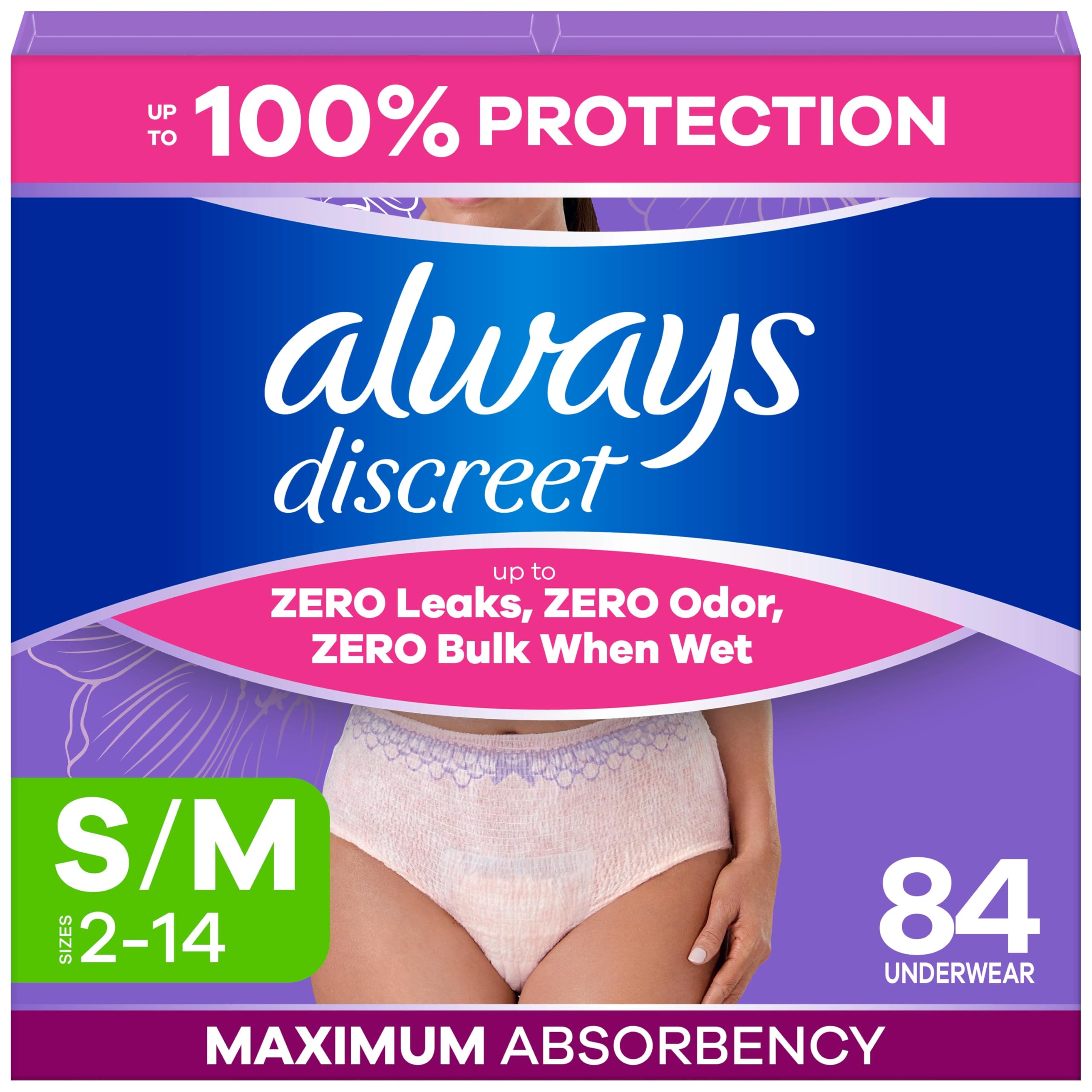 Always Discreet empaque frontal que muestra cantidad y tamaño, comodidad discreta