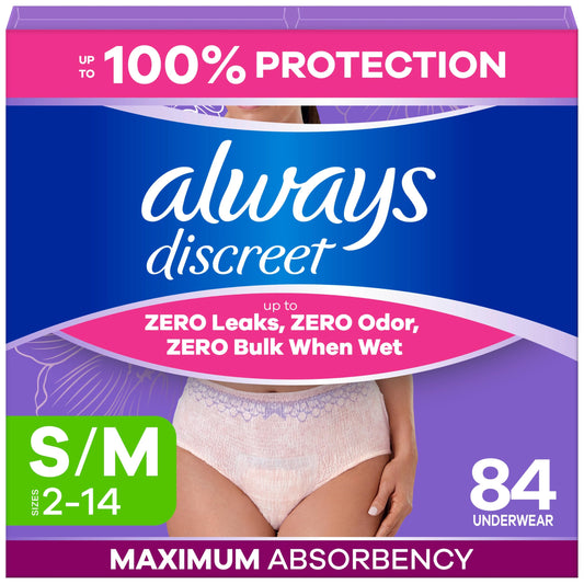 Always Discreet empaque frontal que muestra cantidad y tamaño, comodidad discreta