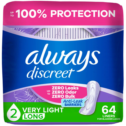 Always Discreet frente del empaque mostrando 64 unidades y beneficio de protección
