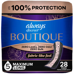 Always Discreet empaque frontal mostrando protección elegante y discreta