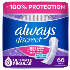 Always Discreet paquete frontal que muestra protección discreta y cantidad