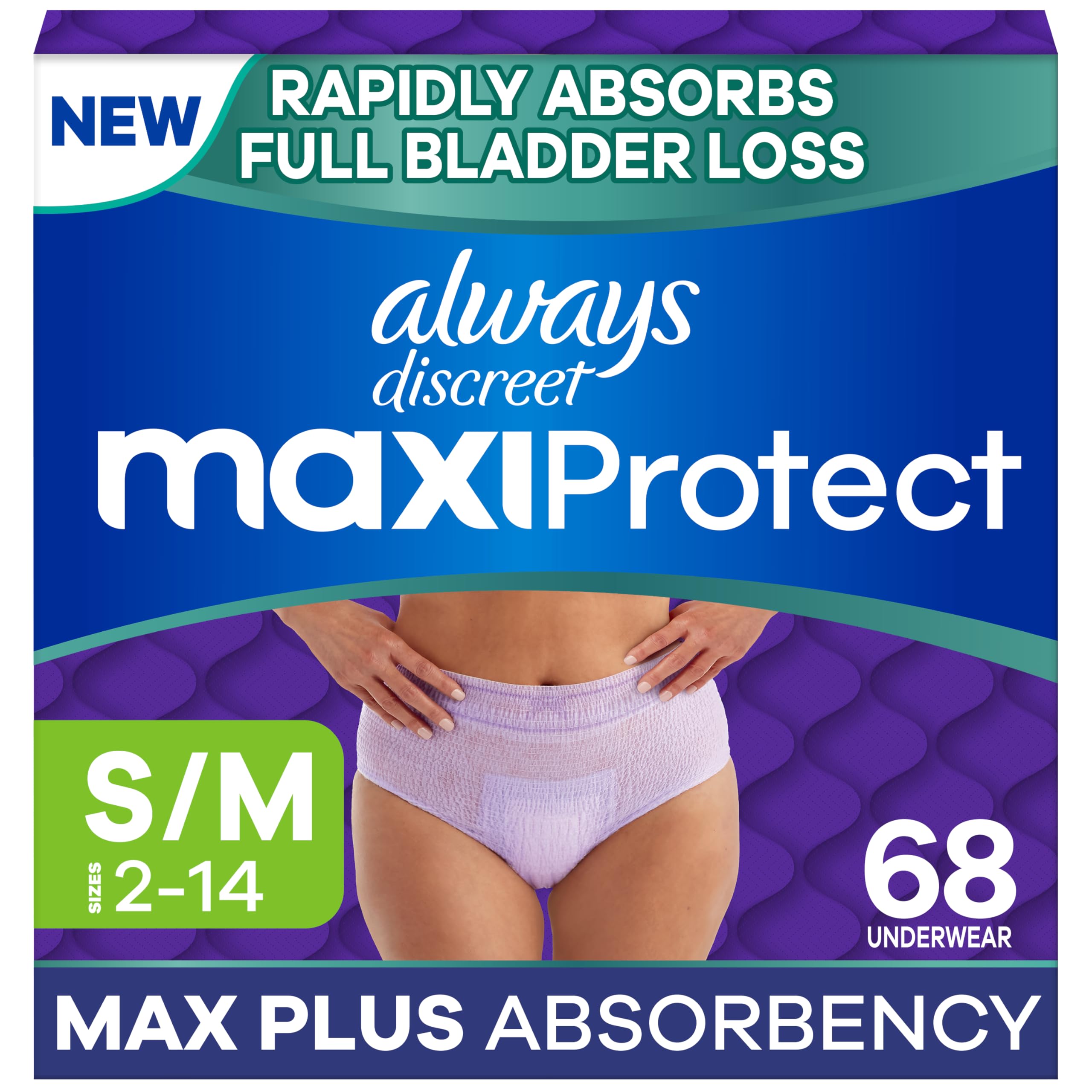 Always Discreet paquete frontal mostrando cantidad y talla, confianza discreta